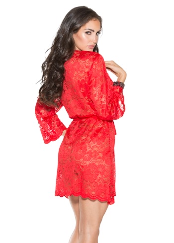 Shirley of Hollywood Stretch Lace Long Sleeve Trimmed Robe with Thong