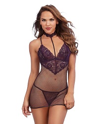 Dreamgirl Lace and Fishnet Chemise with Stretch Lace Collar