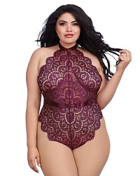 Dreamgirl Plus Eyelash Lace Teddy with Halter Neckline