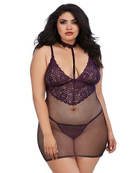 Dreamgirl Plus Lace and Fishnet Chemise with Stretch Lace Collar