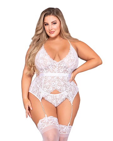Dreamgirl - Plus Size Stretch Lace Halter Bustier with Pearl Trim