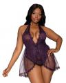 Dreamgirl Plus Size Halter Plunge Lace Teddy with Attached Flyaway Skirt