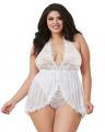 Dreamgirl Plus Size Halter Plunge Lace Teddy with Attached Flyaway Skirt